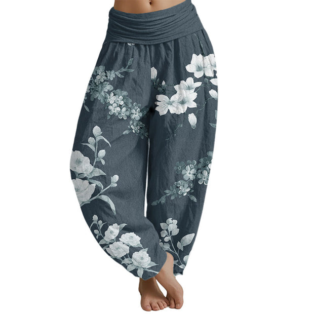 Buddha Stones Blooming And Budding Flowers With Leaves Pattern Women's Elastic Waist Harem Pants