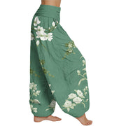 Buddha Stones Blooming And Budding Flowers With Leaves Pattern Women's Elastic Waist Harem Pants