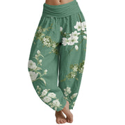 Buddha Stones Blooming And Budding Flowers With Leaves Pattern Women's Elastic Waist Harem Pants