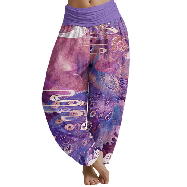 Buddha Stones Vibrant Peacock Auspicious Clouds Pattern Women's Elastic Waist Harem Pants