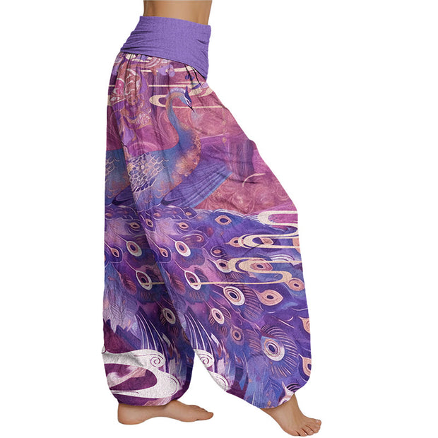 Buddha Stones Vibrant Peacock Auspicious Clouds Pattern Women's Elastic Waist Harem Pants