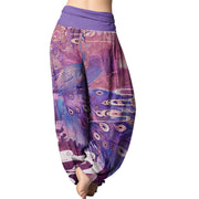 Buddha Stones Vibrant Peacock Auspicious Clouds Pattern Women's Elastic Waist Harem Pants