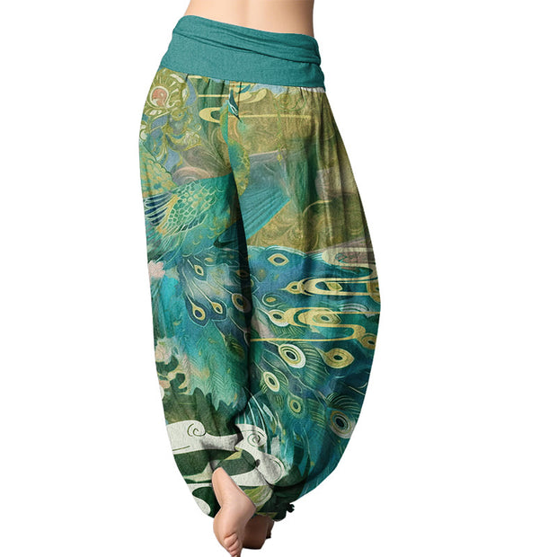 Buddha Stones Vibrant Peacock Auspicious Clouds Pattern Women's Elastic Waist Harem Pants