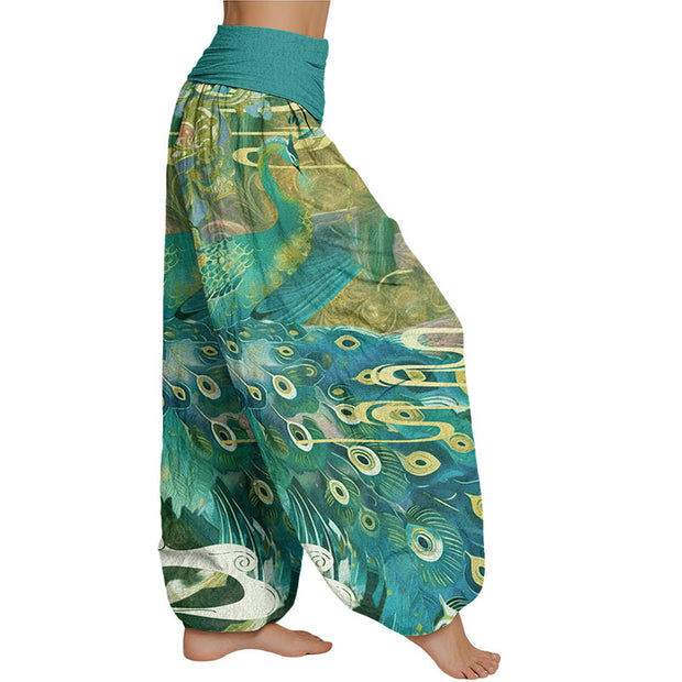 Buddha Stones Vibrant Peacock Auspicious Clouds Pattern Women's Elastic Waist Harem Pants