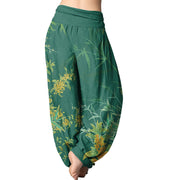 Buddha Stones Blooming Flowers Bamboo Pattern Women's Elastic Waist Harem Pants