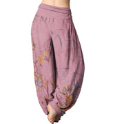 Buddha Stones Blooming Flowers Bamboo Pattern Women's Elastic Waist Harem Pants