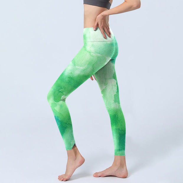 Buddha Stones Green Ink Wash Pattern Gym Leggings Women's Yoga Pants