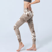 Buddha Stones White Brown Flowers Pattern Gym Leggings Women's Yoga Pants - image 3
