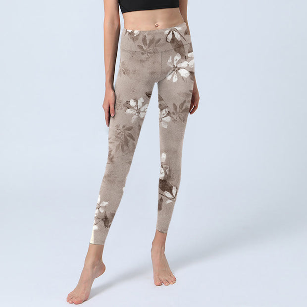 Buddha Stones White Brown Flowers Pattern Gym Leggings Women's Yoga Pants - image 6