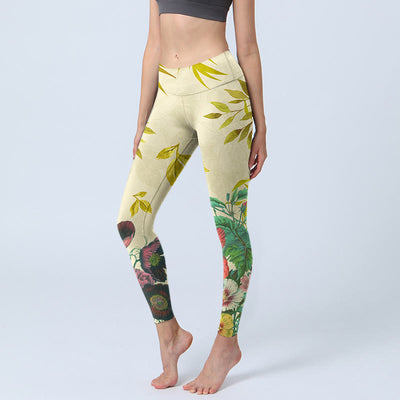 Buddha Stones Golden Green Leaves Colorful Flowers Gym Leggings Women's Yoga Pants - Khaki - US18，UK/AU22，EU50 (4XL) - image 1