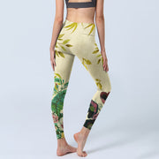 Buddha Stones Golden Green Leaves Colorful Flowers Gym Leggings Women's Yoga Pants