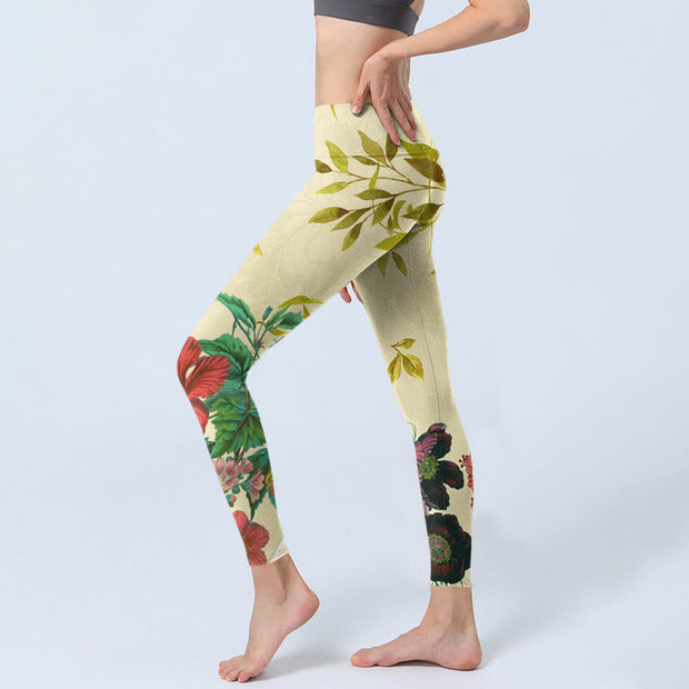 Buddha Stones Golden Green Leaves Colorful Flowers Gym Leggings Women's Yoga Pants - image 3