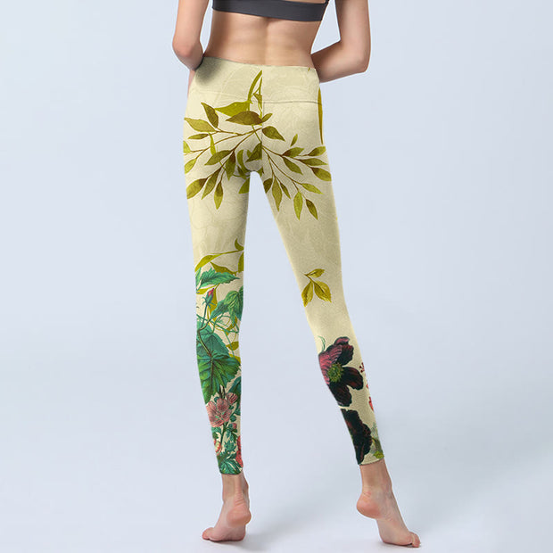 Buddha Stones Golden Green Leaves Colorful Flowers Gym Leggings Women's Yoga Pants