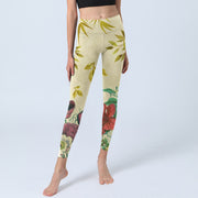 Buddha Stones Golden Green Leaves Colorful Flowers Gym Leggings Women's Yoga Pants