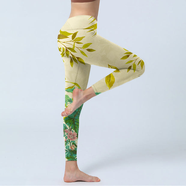 Buddha Stones Golden Green Leaves Colorful Flowers Gym Leggings Women's Yoga Pants - image 4
