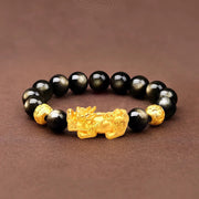 Buddha Stones Natural Gold Sheen Obsidian PiXiu Om Mani Padme Hum Wealth Bracelet