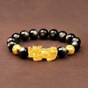 Buddha Stones Natural Gold Sheen Obsidian PiXiu Om Mani Padme Hum Wealth Bracelet