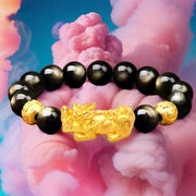 Buddha Stones Natural Gold Sheen Obsidian PiXiu Om Mani Padme Hum Wealth Bracelet