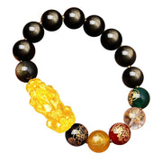 Buddha Stones Natural Gold Sheen Obsidian PiXiu Five Directions Gods of Wealth Protection Bracelet