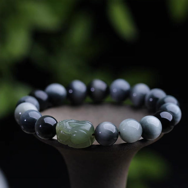 Buddha Stones Natural Eagle's Eye Stone Hetian Jade Pixiu Confidence Bracelet Bracelet BS 10mm Eagle's Eye Stone(Wrist Circumference: 14-16cm)