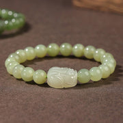 Buddha Stones Natural Hetian Jade PiXiu Carved Luck Bracelet Bracelet BS 10mm Hetian Jade(Wrist Circumference: 14-16cm)