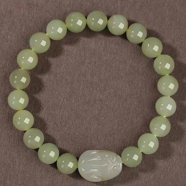 Buddha Stones Natural Hetian Jade PiXiu Carved Luck Bracelet