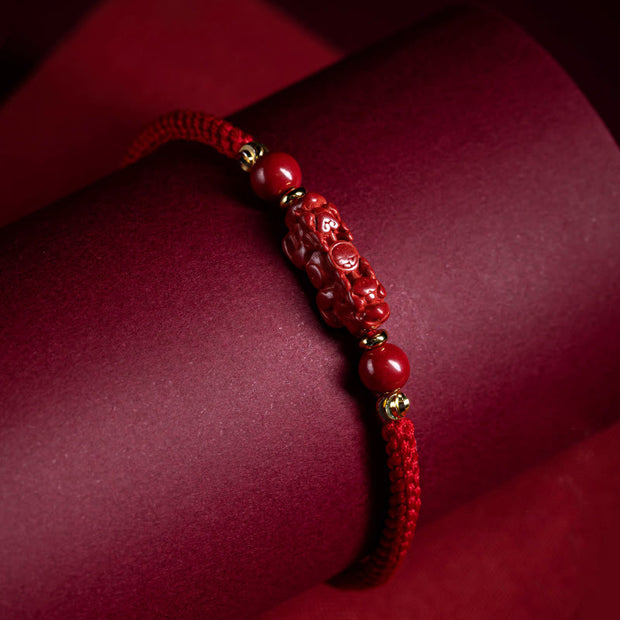 Buddha Stones Handmade Cinnabar Ruyi Handle Fu Character PiXiu Blessing Red String Braided Bracelet