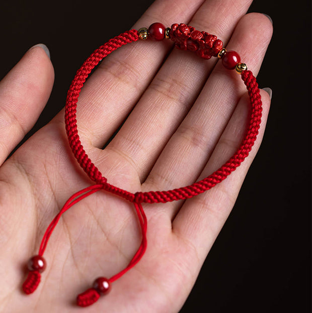 Buddha Stones Handmade Cinnabar Ruyi Handle Fu Character PiXiu Blessing Red String Braided Bracelet Bracelet BS 17