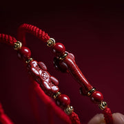 Buddha Stones Handmade Cinnabar Ruyi Handle Fu Character PiXiu Blessing Red String Braided Bracelet Bracelet BS 21