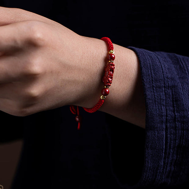 Buddha Stones Handmade Cinnabar Ruyi Handle Fu Character PiXiu Blessing Red String Braided Bracelet Bracelet BS 18