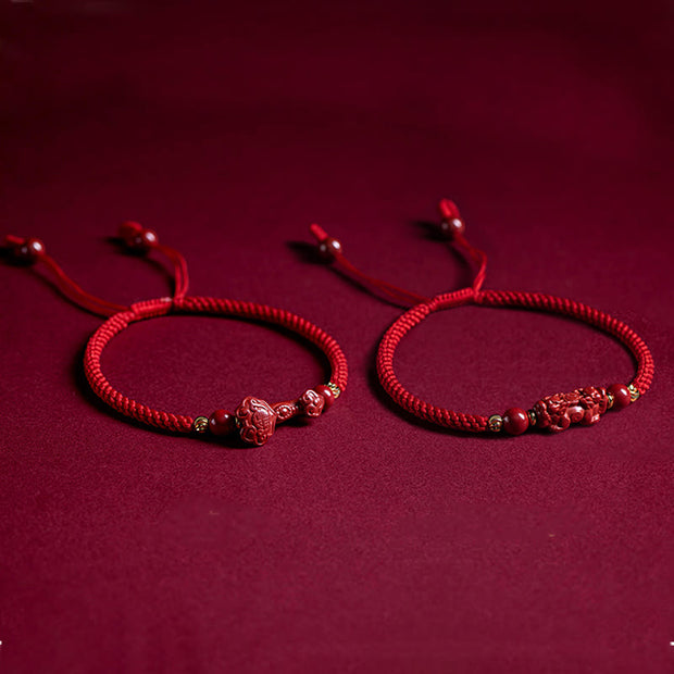 Buddha Stones Handmade Cinnabar Ruyi Handle Fu Character PiXiu Blessing Red String Braided Bracelet Bracelet BS 20