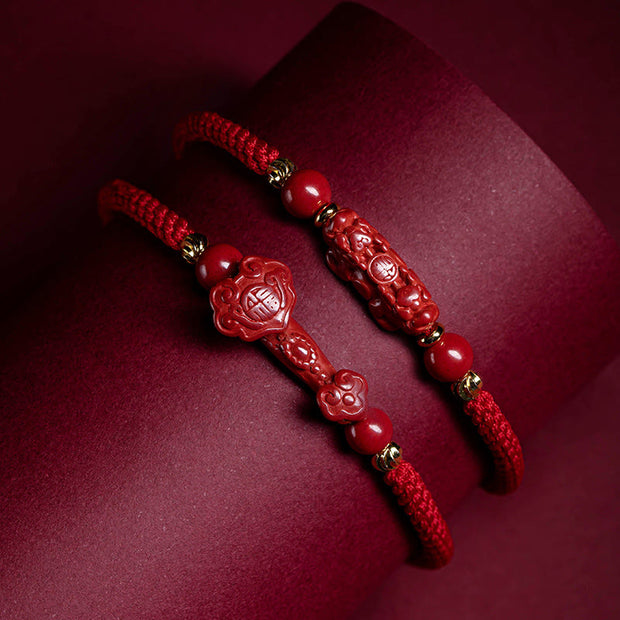 Buddha Stones Handmade Cinnabar Ruyi Handle Fu Character PiXiu Blessing Red String Braided Bracelet