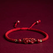 Buddha Stones Handmade Cinnabar Ruyi Handle Fu Character PiXiu Blessing Red String Braided Bracelet Bracelet BS Cinnabar PiXiu(Wrist Circumference: 14-20cm)