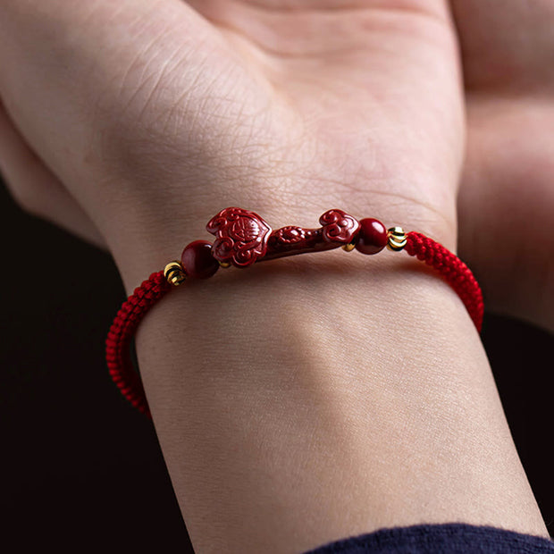 Buddha Stones Handmade Cinnabar Ruyi Handle Fu Character PiXiu Blessing Red String Braided Bracelet Bracelet BS 3