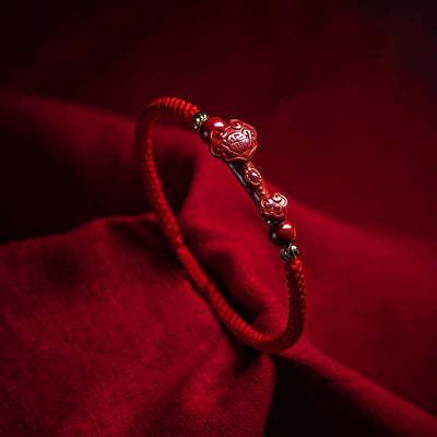 Buddha Stones Handmade Cinnabar Ruyi Handle Fu Character PiXiu Blessing Red String Braided Bracelet Bracelet BS Cinnabar Fu Character(Wrist Circumference: 14-20cm)