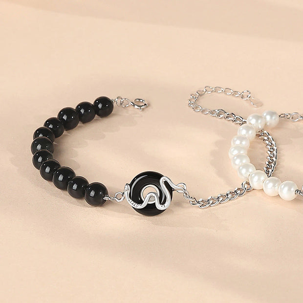 Buddha Stones Black Obsidian Black Onyx Chalcedony Peace Buckle 925 Sterling Silver Year Of The Snake Pearl Purification Couple's Bracelet Bracelet BS Black Obsidian Black Onyx Peace Buckle(Length: 18+4cm) 925 Sterling Silver