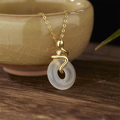 Buddha Stones 925 Sterling Silver Year Of The Snake Chalcedony Peace Buckle Positive Necklace Pendant Necklaces & Pendants BS Chalcedony 925 Sterling Silver Golden Snake