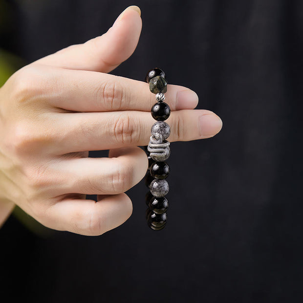 Buddha Stones Black Obsidian Black Rutilated Quartz 925 Sterling Silver Year Of The Snake Purification Bracelet Bracelet BS 2