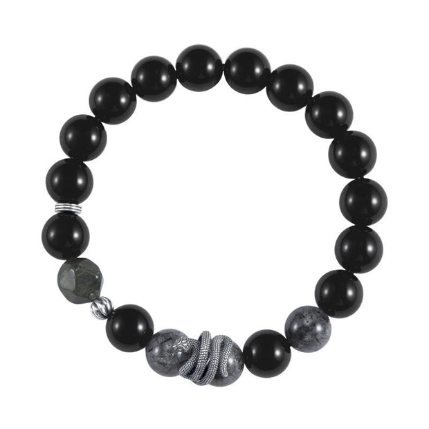 Buddha Stones Black Obsidian Black Rutilated Quartz 925 Sterling Silver Year Of The Snake Purification Bracelet