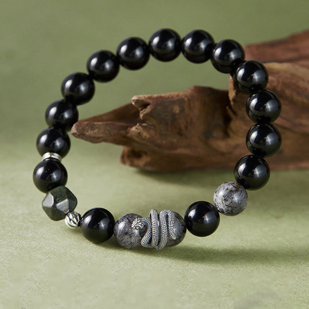 Buddha Stones Black Obsidian Black Rutilated Quartz 925 Sterling Silver Year Of The Snake Purification Bracelet Bracelet BS 1