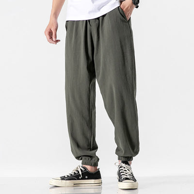 Buddha Stones Solid Color Drawstring Cotton Men's Pants With Pockets