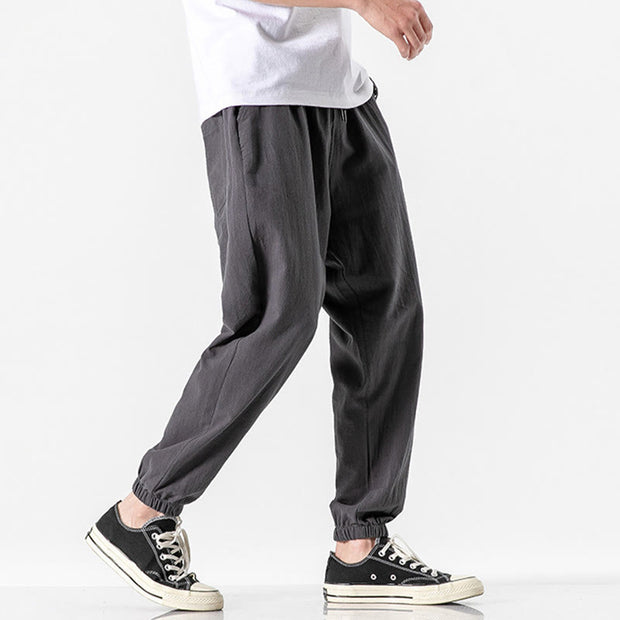 Buddha Stones Solid Color Drawstring Cotton Men's Pants With Pockets Men's Pants BS 4