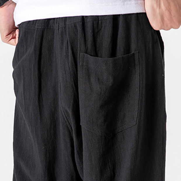 Buddha Stones Solid Color Drawstring Cotton Men's Pants With Pockets