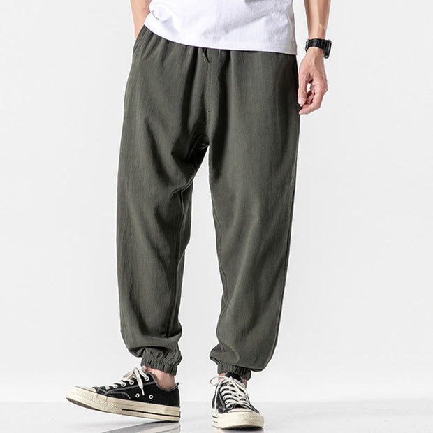 Buddha Stones Solid Color Drawstring Cotton Men's Pants With Pockets Men's Pants BS 1