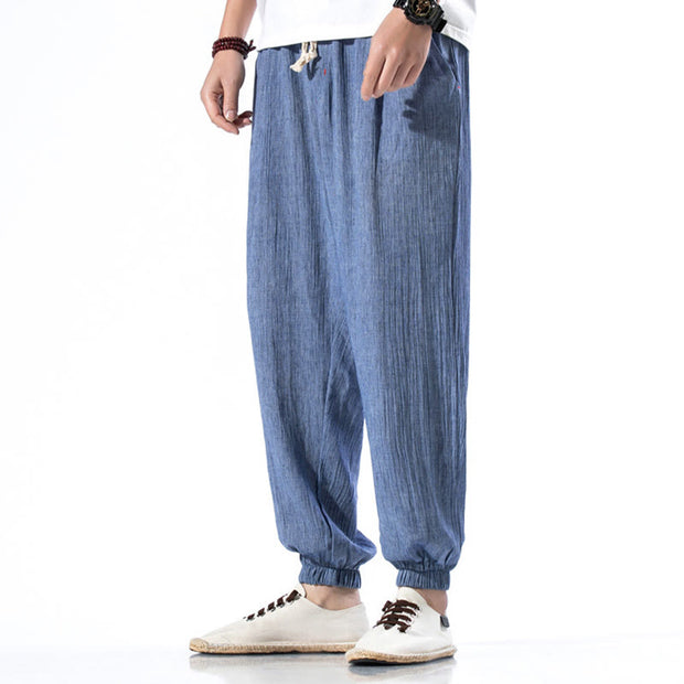 Buddha Stones Casual Solid Color Drawstring Linen Men's Pants With Pockets Men's Pants BS 16