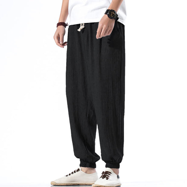 Buddha Stones Casual Solid Color Drawstring Linen Men's Pants With Pockets Men's Pants BS Black US/UK/AU46，EU56 (5XL)