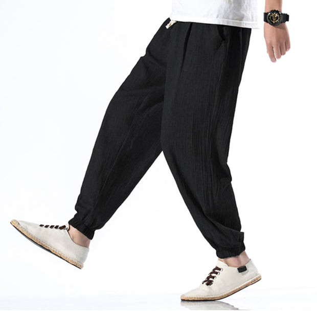 Buddha Stones Casual Solid Color Drawstring Linen Men's Pants With Pockets Men's Pants BS 12