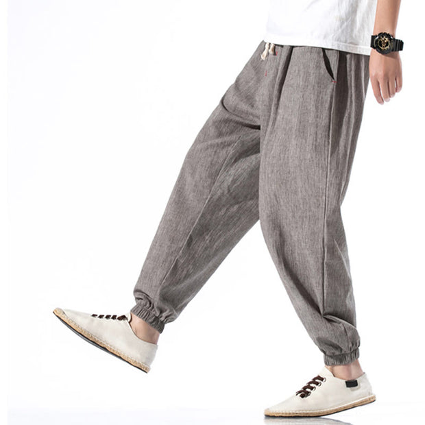 Buddha Stones Casual Solid Color Drawstring Linen Men's Pants With Pockets Men's Pants BS 29