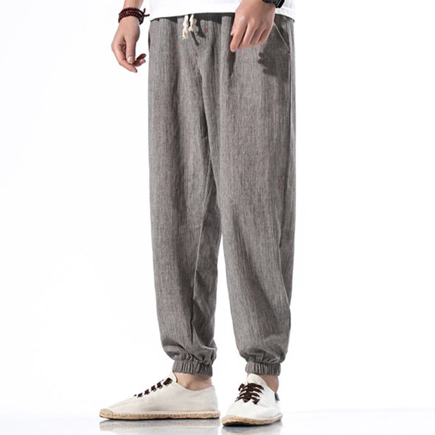 Buddha Stones Casual Solid Color Drawstring Linen Men's Pants With Pockets Men's Pants BS Gray US/UK/AU46，EU56 (5XL)