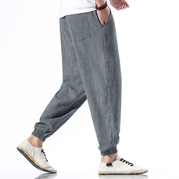 Buddha Stones Casual Solid Color Drawstring Linen Men's Pants With Pockets Men's Pants BS 25